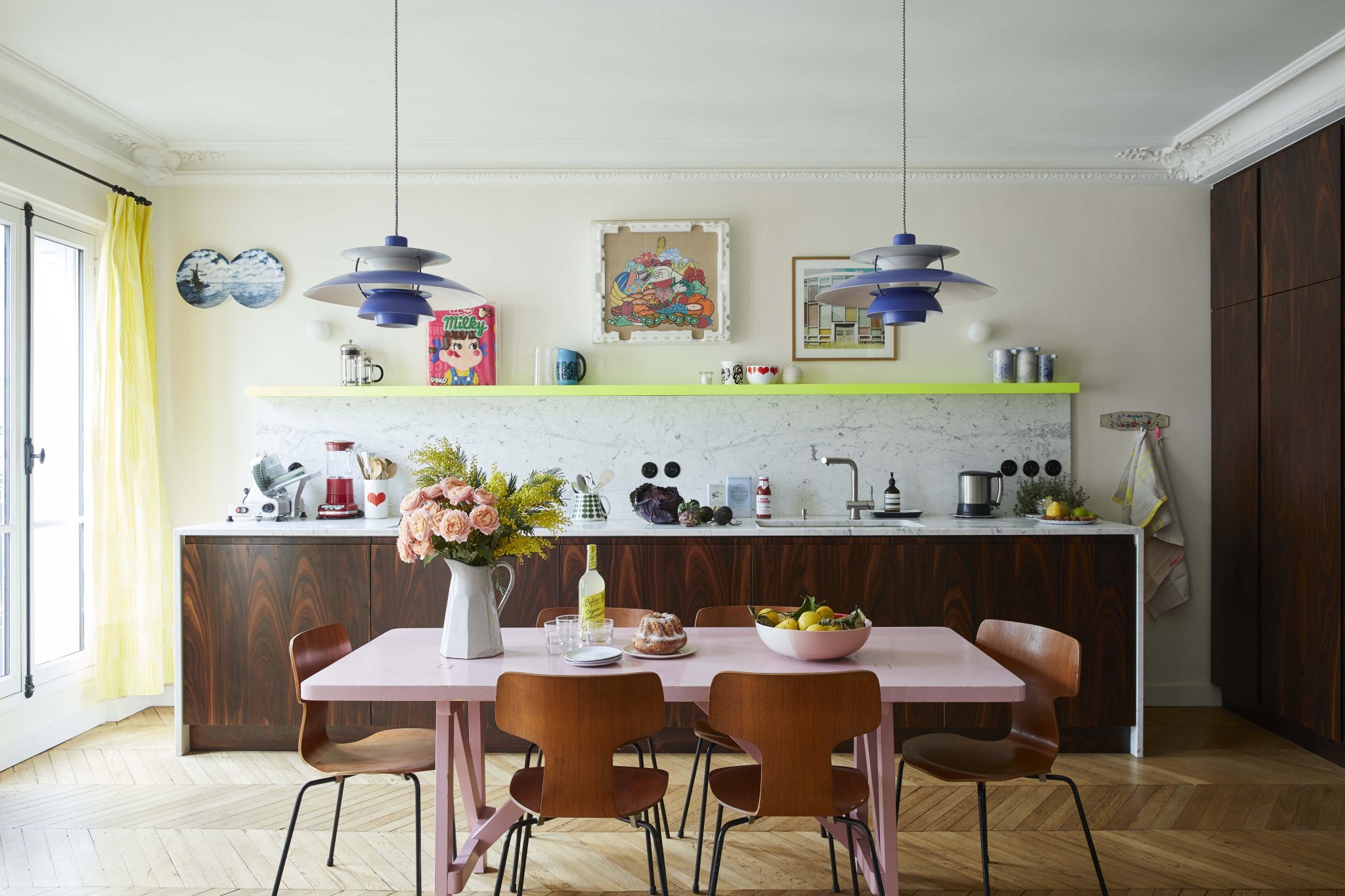 Eat-in kitchen with neon floating shelf