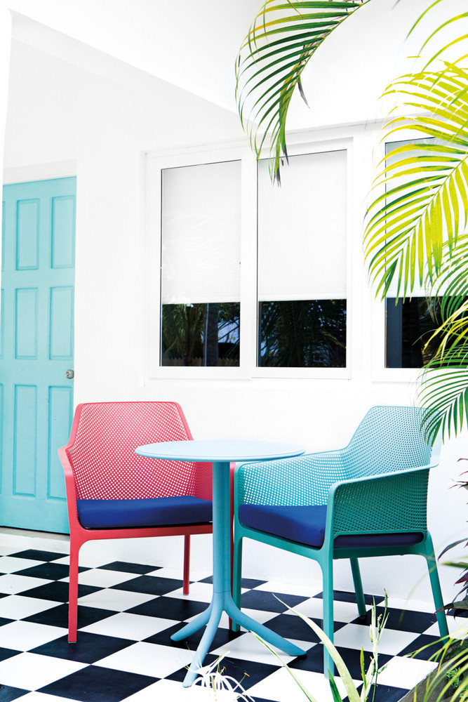 Blue and Pink and White Patio