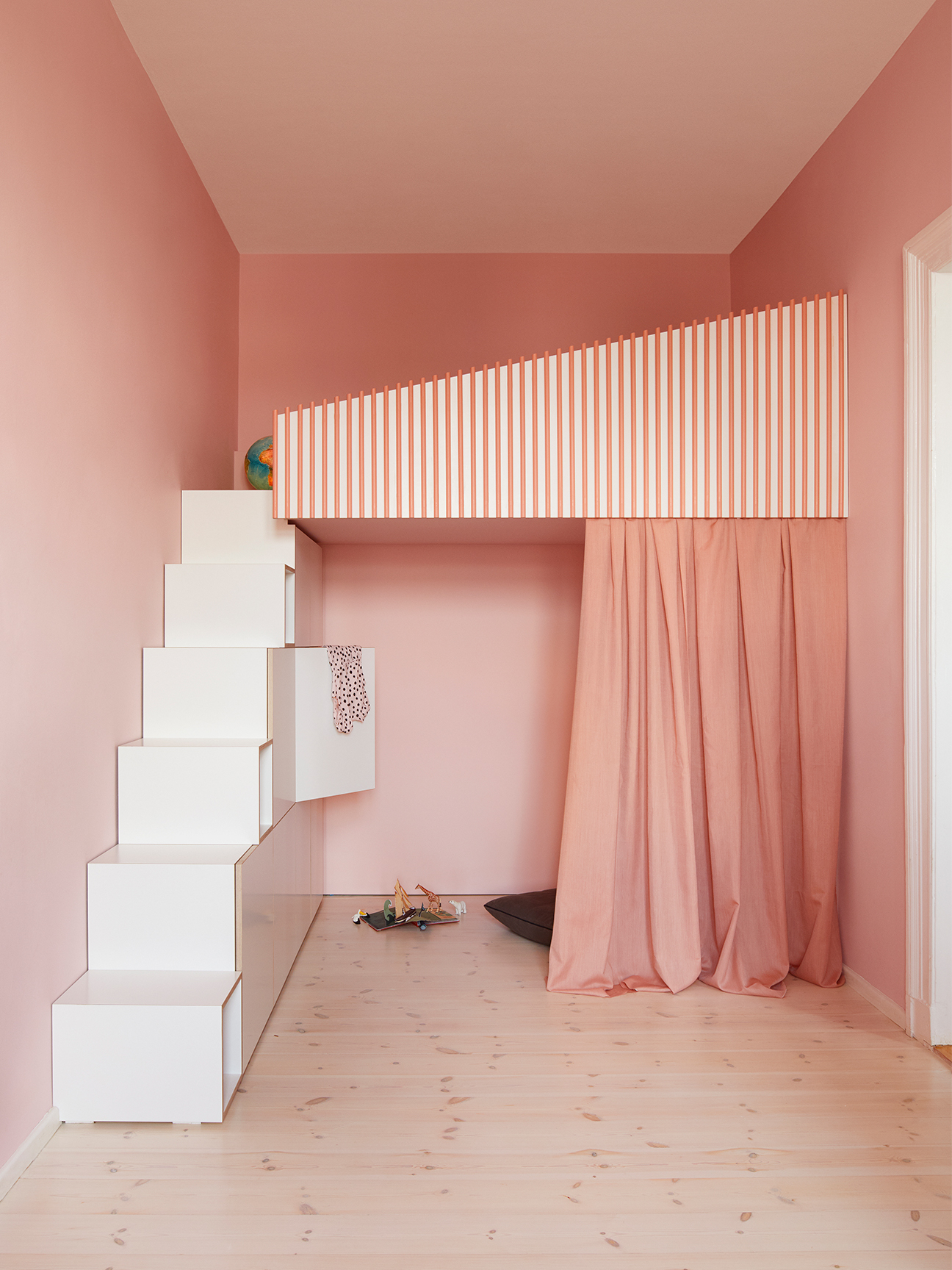 lofted built-in bed with play area below