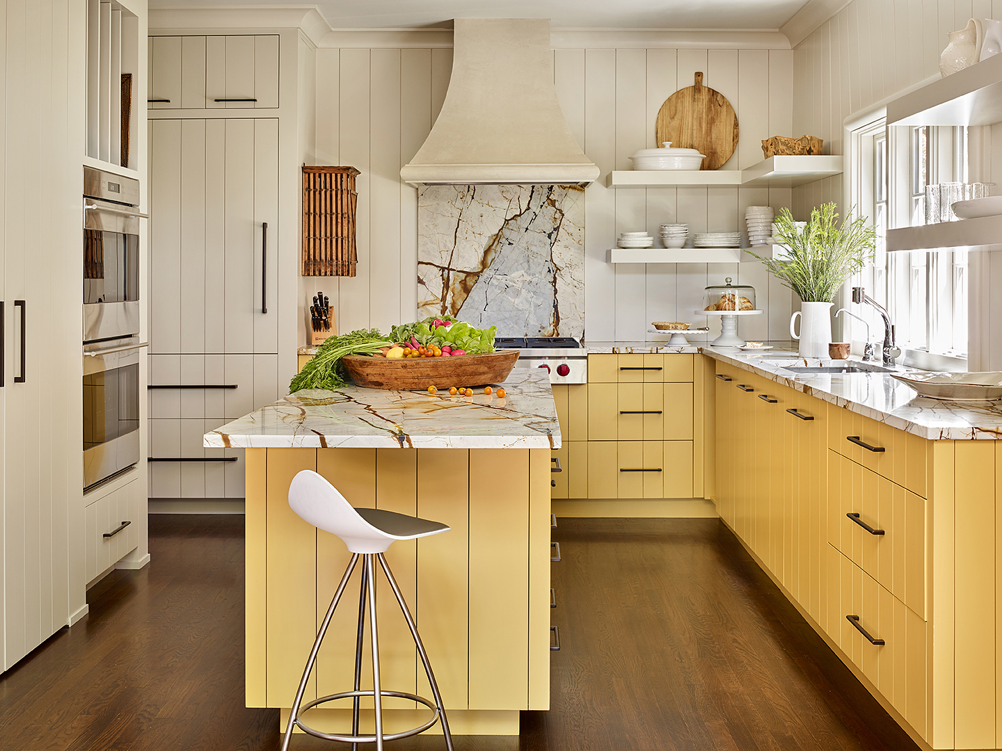 yellow headboard cabinets in kitchen