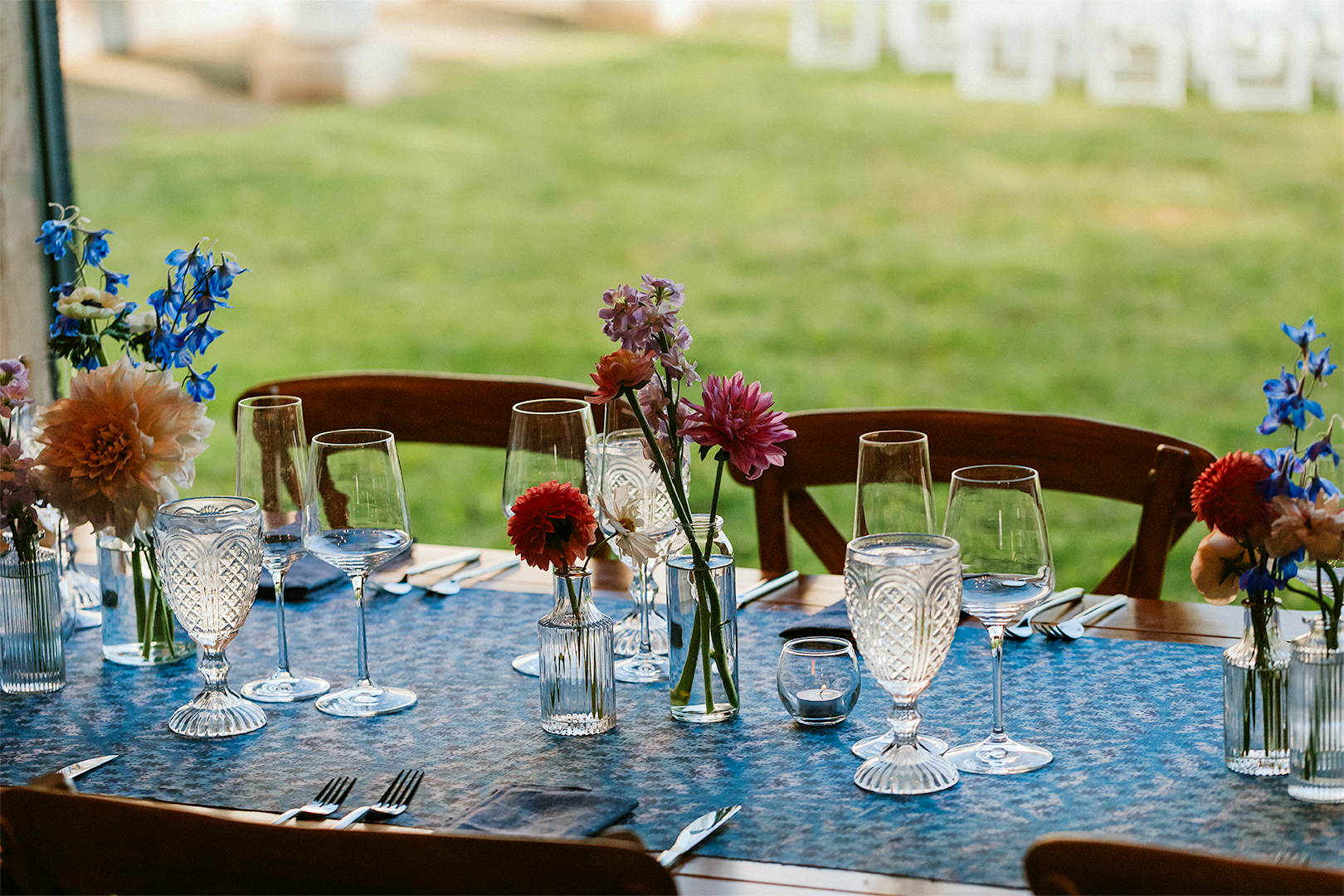 indigo patterned table runner at wedding