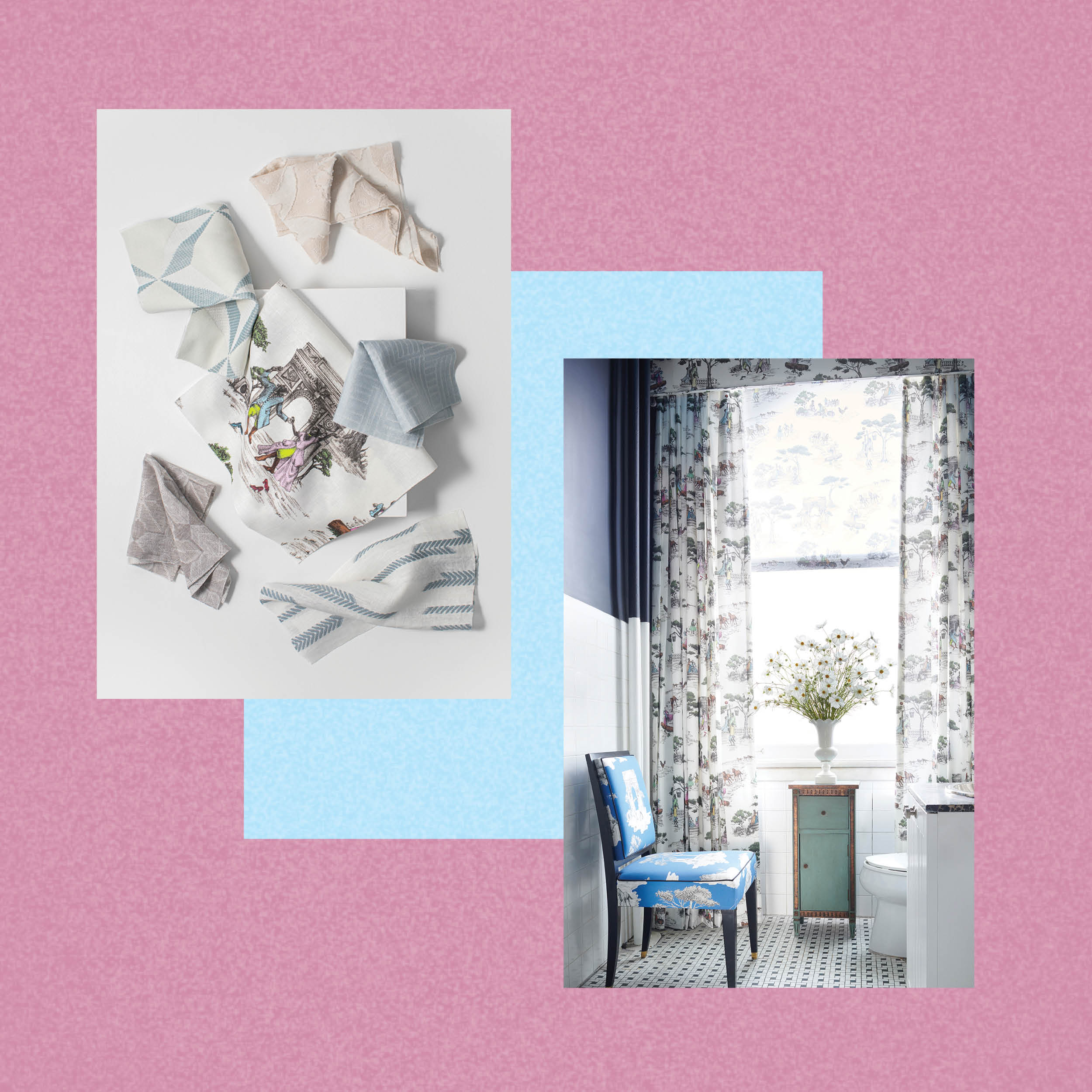 Patterned napkins to the left, toile window treatments in bathroom to the right