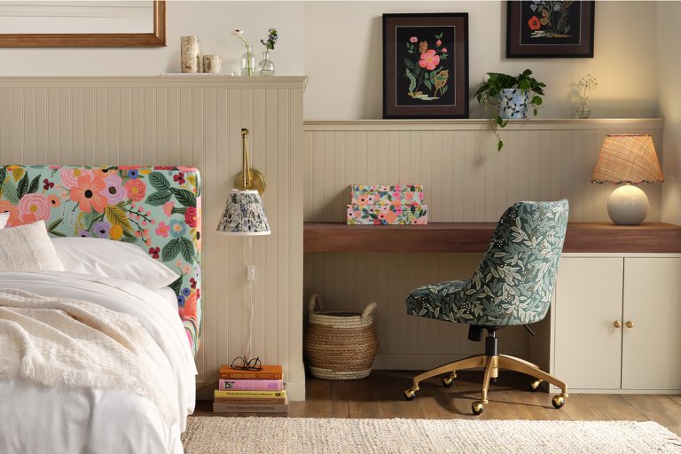 floral furniture and lighting in bedroom