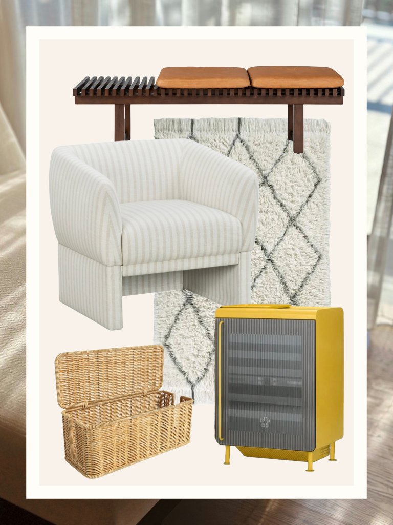 collage of chair, rug, and other home products