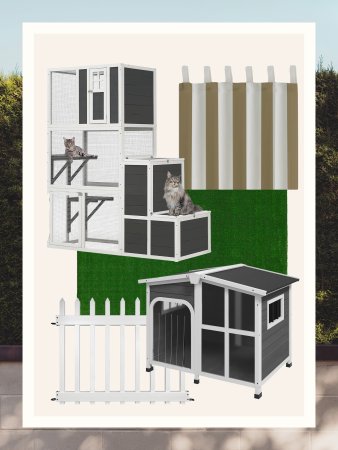 Collage of pet products, such as black dog house and green Astroturf.